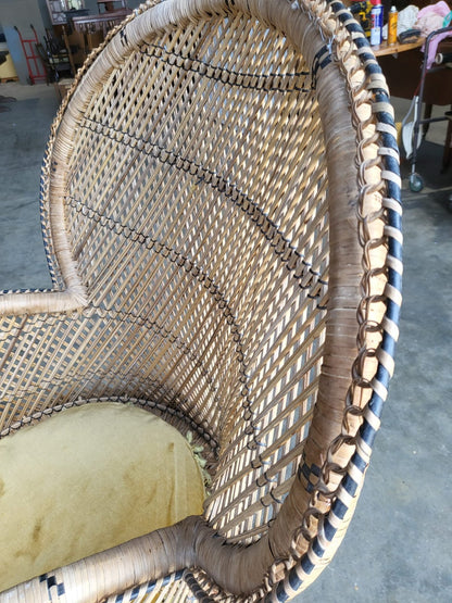 Vintage cane wicker round high back peacock arm chair