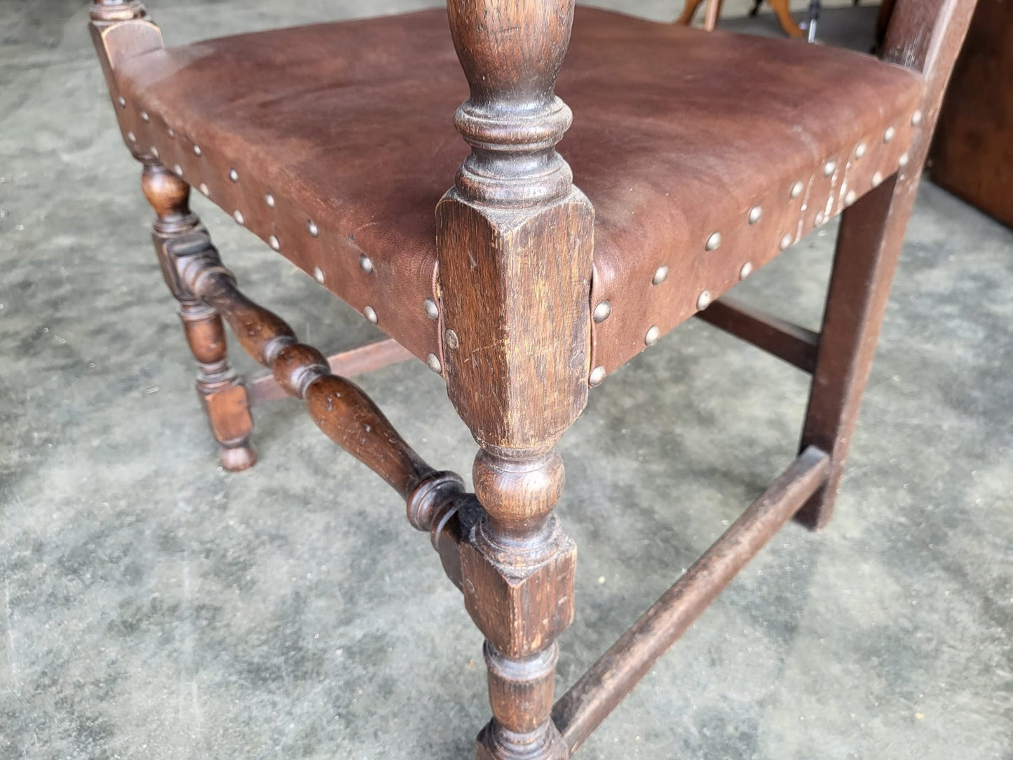 Pair vintage two oak carver open dining armchairs pu leather