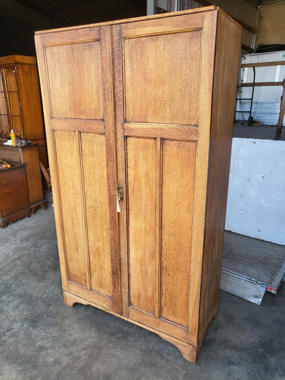 Vintage small oak panelled gentleman's wardrobe shelves drawer