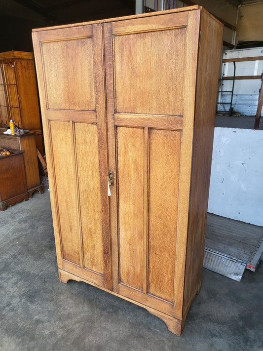 Vintage small oak panelled gentleman's wardrobe shelves drawer