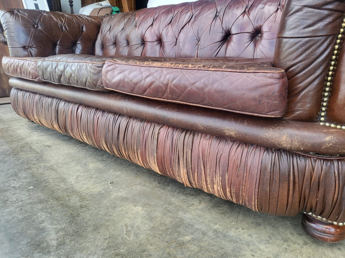 Vintage shabby large 3 seat brown leather Chesterfield sofa
