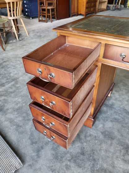Antique repro Yew small twin pedestal desk leather top