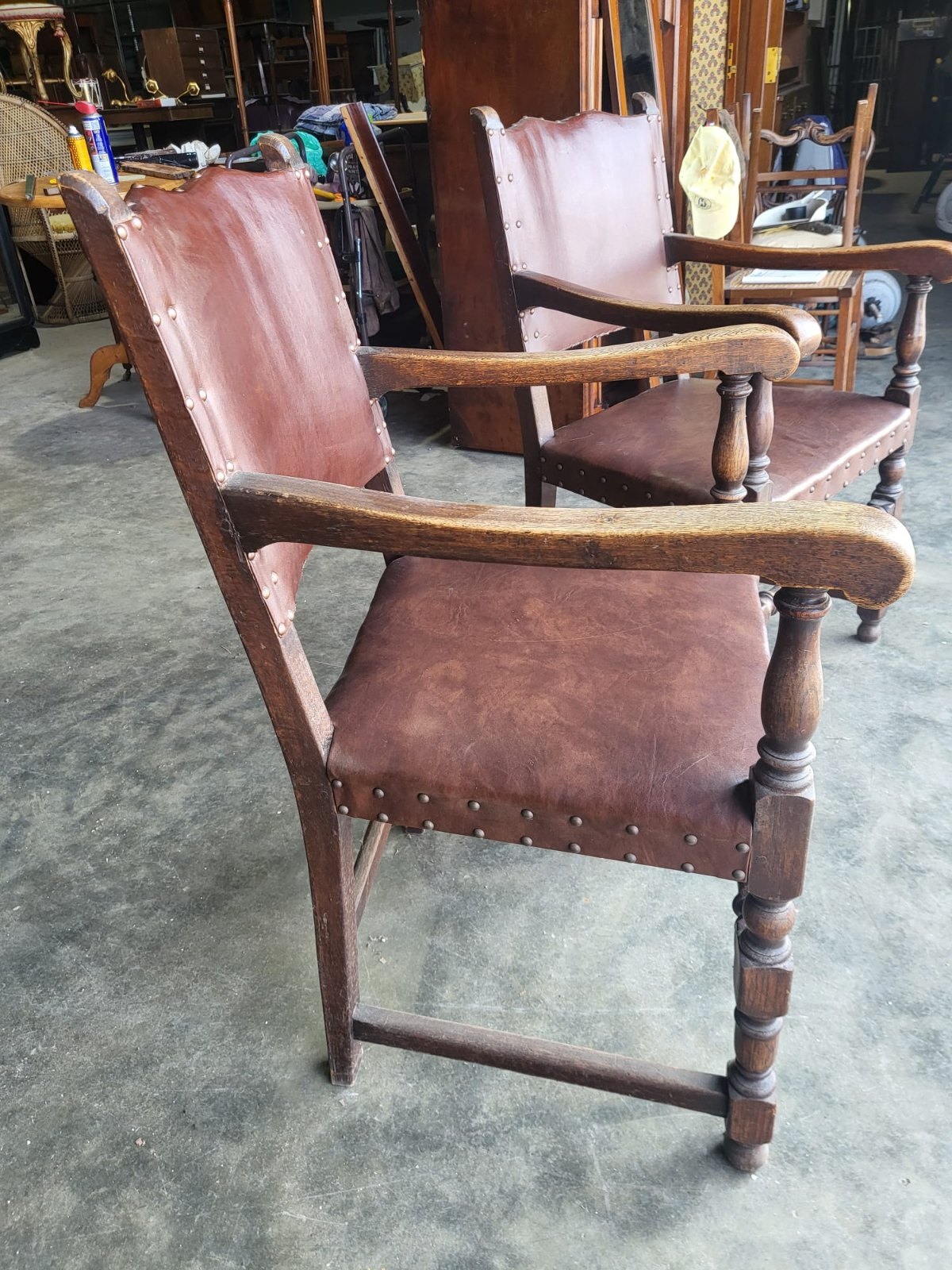 Pair vintage two oak carver open dining armchairs pu leather