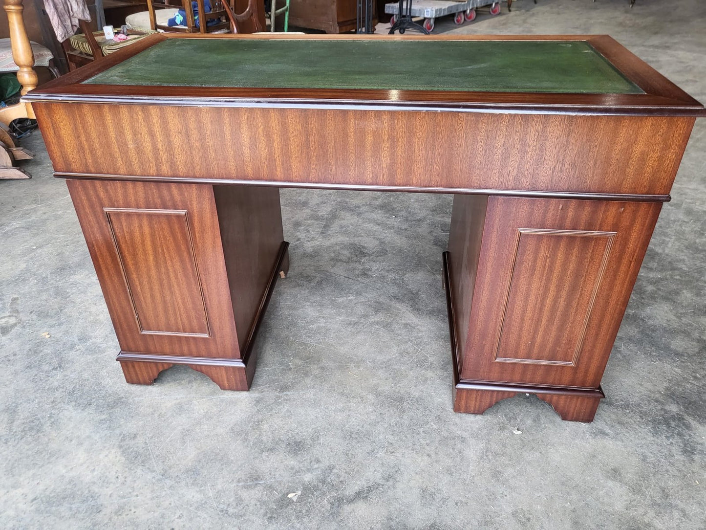 Antique repro small twin pedestal writing desk leather top drawers