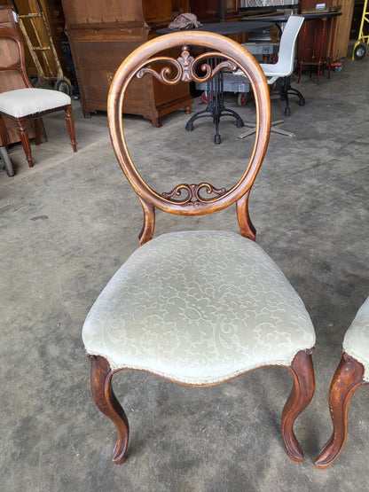 Four green antique Victorian balloon back dining chairs cabriole legs