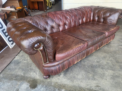 Vintage shabby large 3 seat brown leather Chesterfield sofa