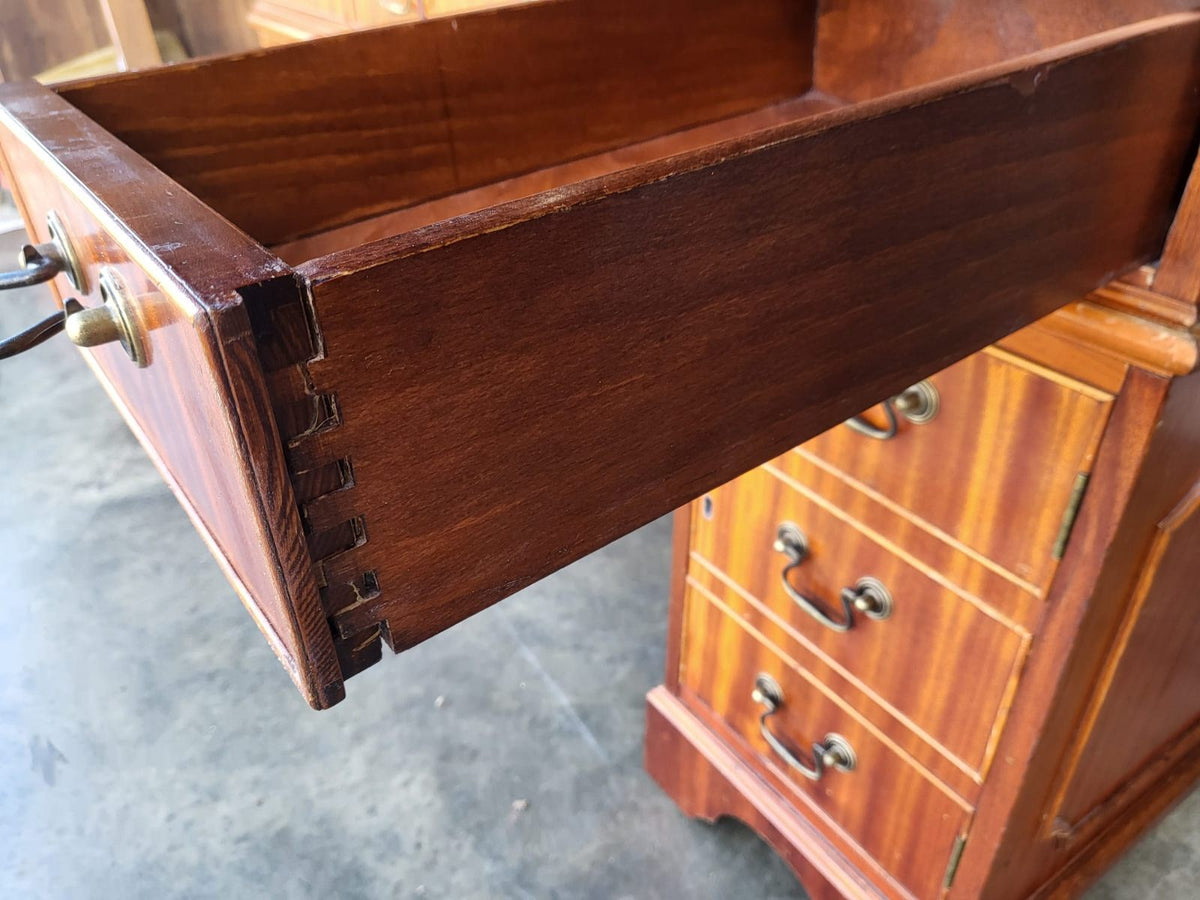 Antique repro small twin pedestal desk drawers cupboard leather top