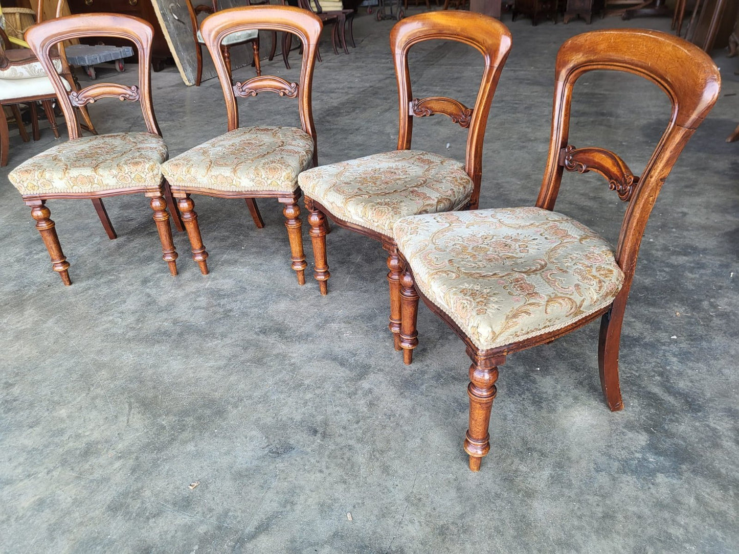Four antique Victorian balloon back dining chairs floral seats