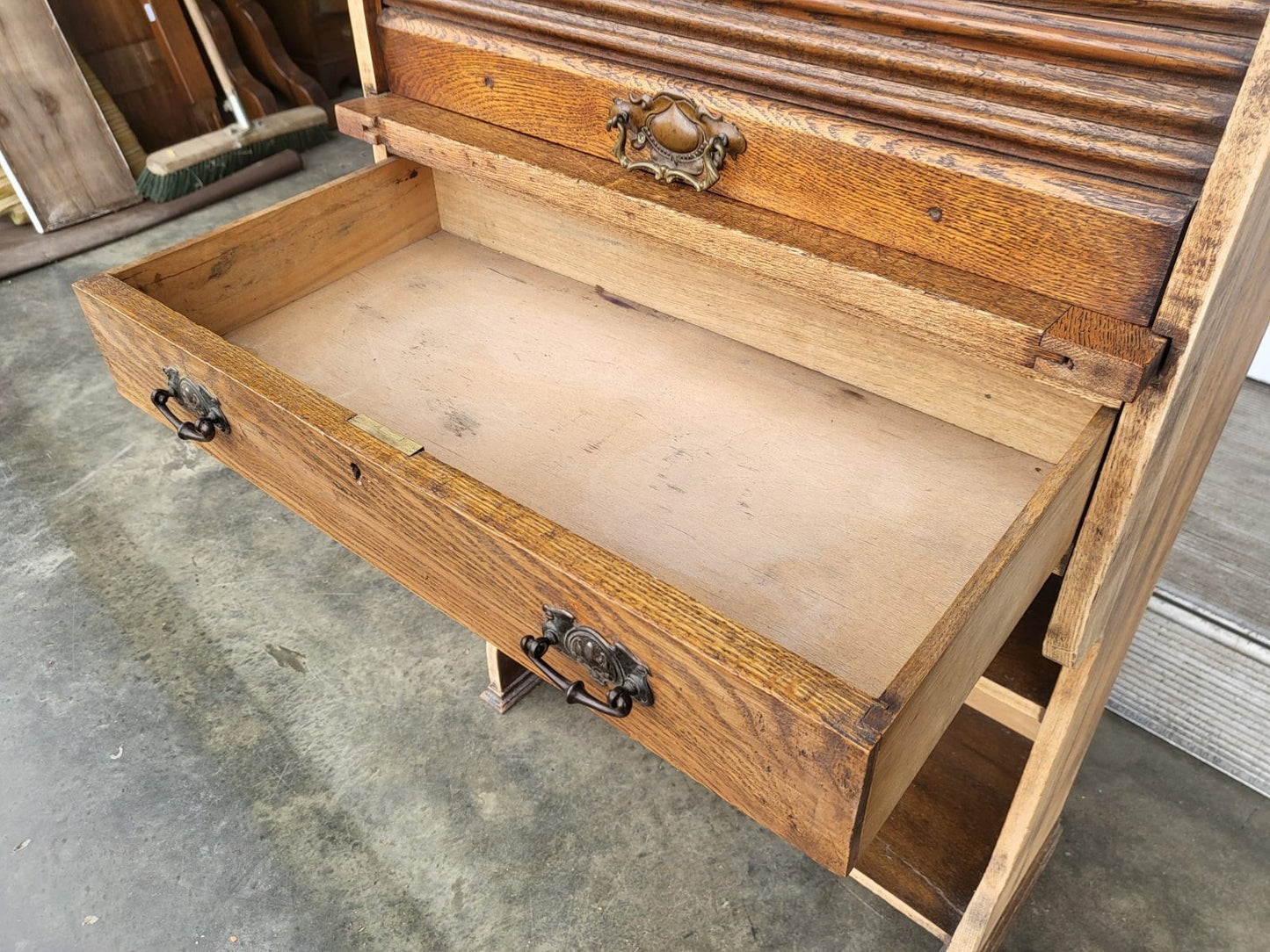 Antique Edwardian small oak roll top students bureau desk