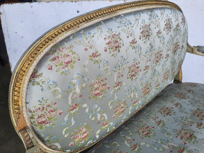Antique Victorian French wood frame parlour sofa gold silk floral