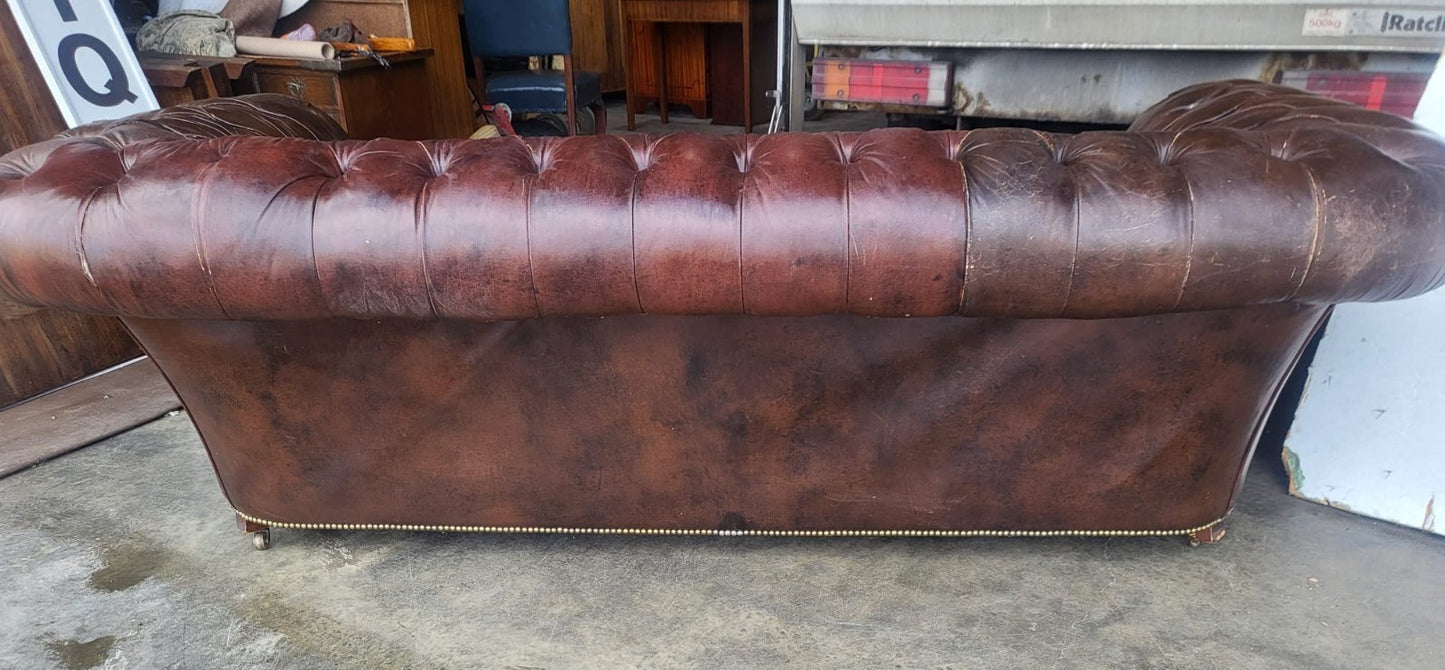 Vintage shabby large 3 seat brown leather Chesterfield sofa