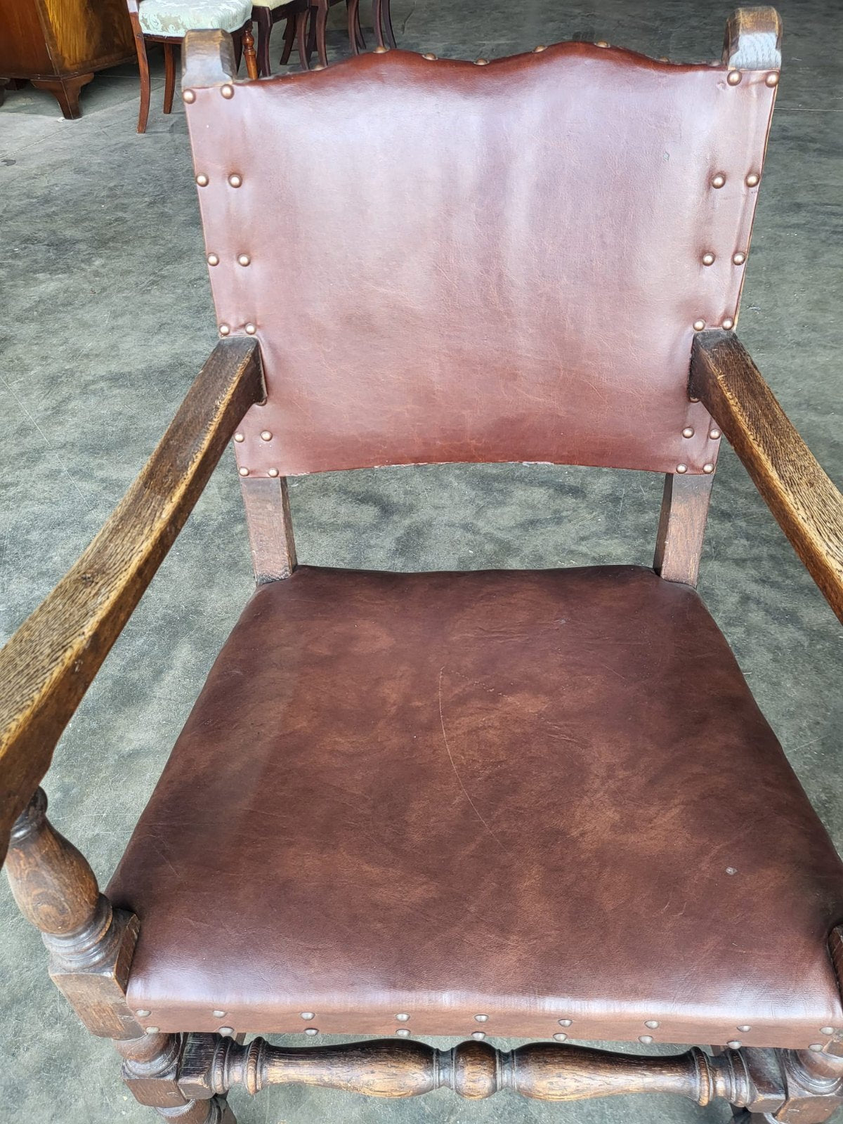 Pair vintage two oak carver open dining armchairs pu leather