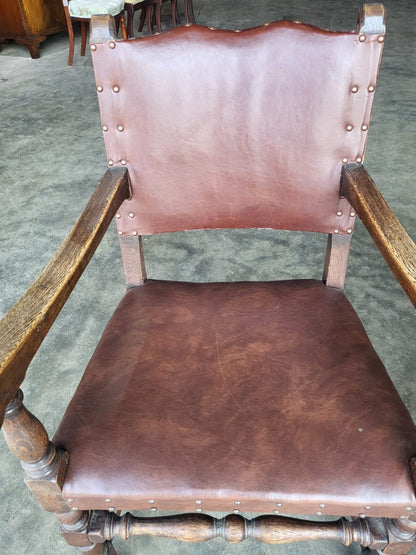 Pair vintage two oak carver open dining armchairs pu leather