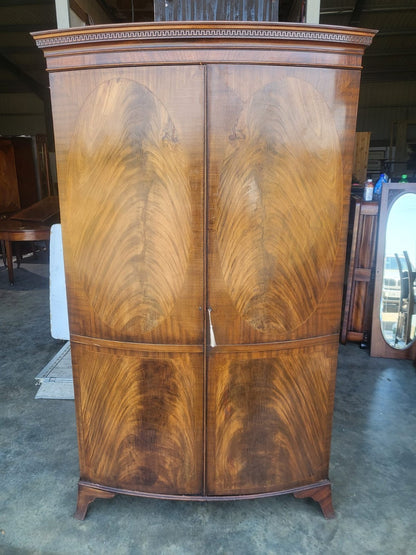 Antique mahogany bow front inlaid 2 x door wardrobe splayed legs