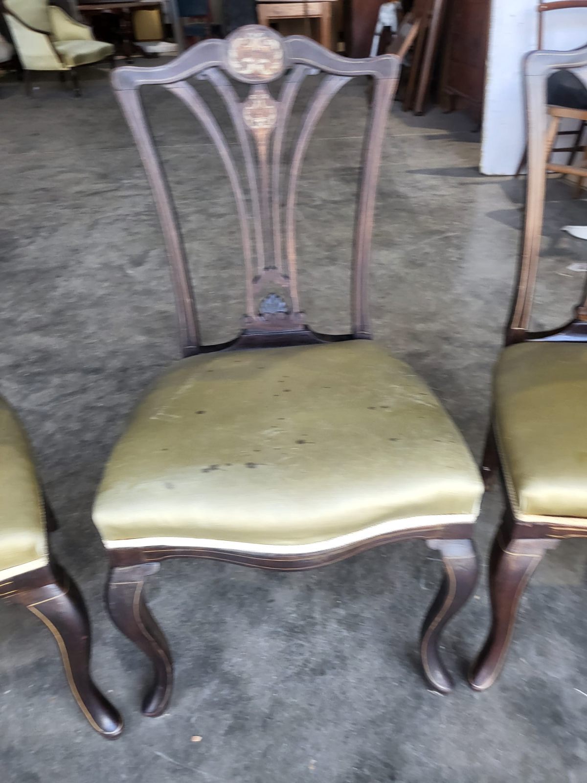 Four Antique Edwardian silk inlaid dining chairs cabriole legs sprung
