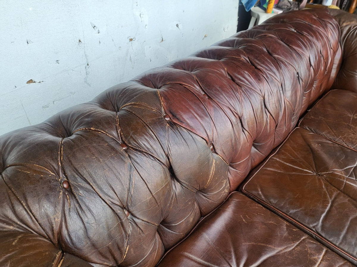 Vintage shabby large 3 seat brown leather Chesterfield sofa