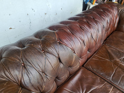 Vintage shabby large 3 seat brown leather Chesterfield sofa