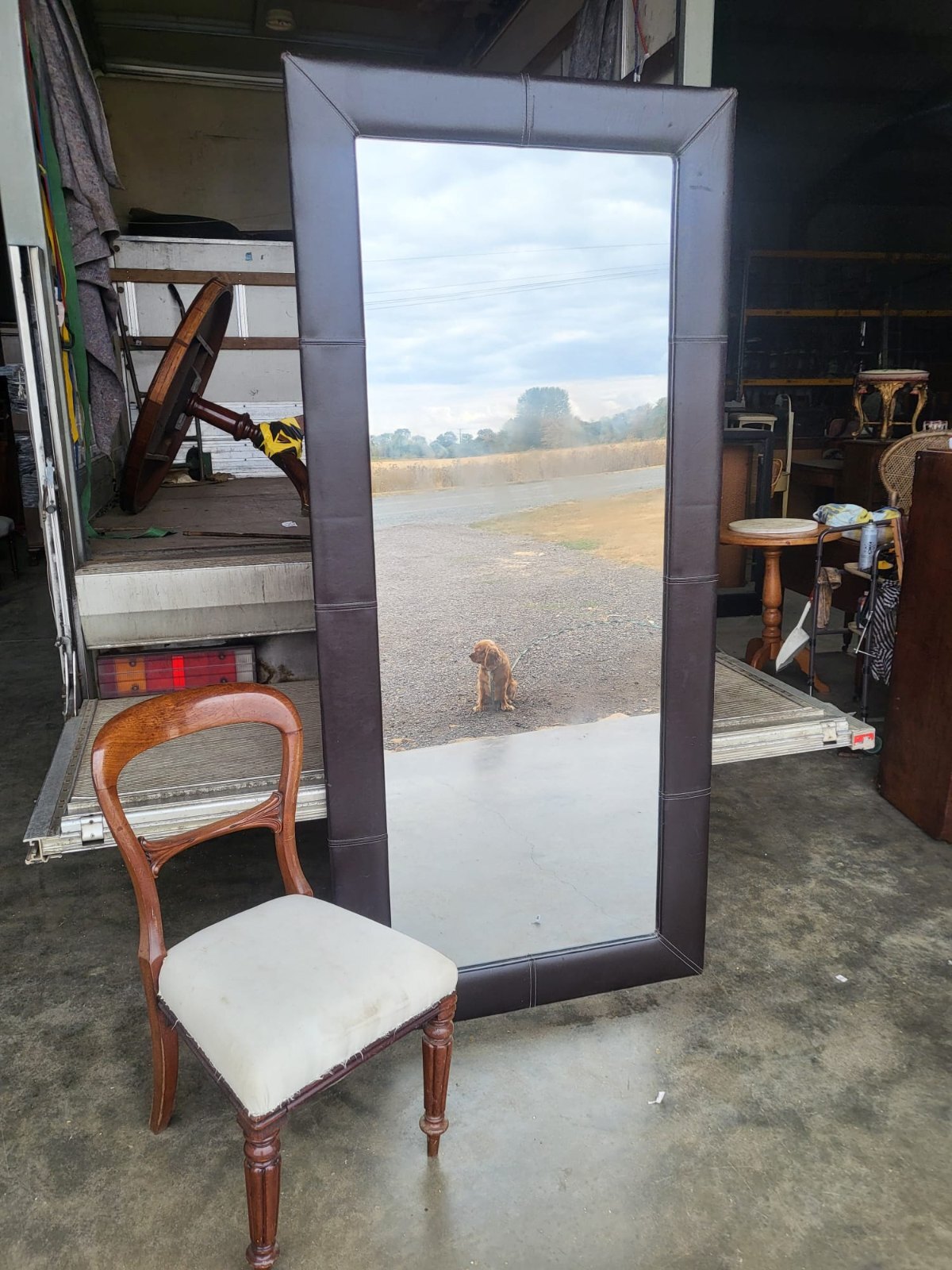 Large tall freestanding mirror leather faux ?  frame 6'x7"x3'