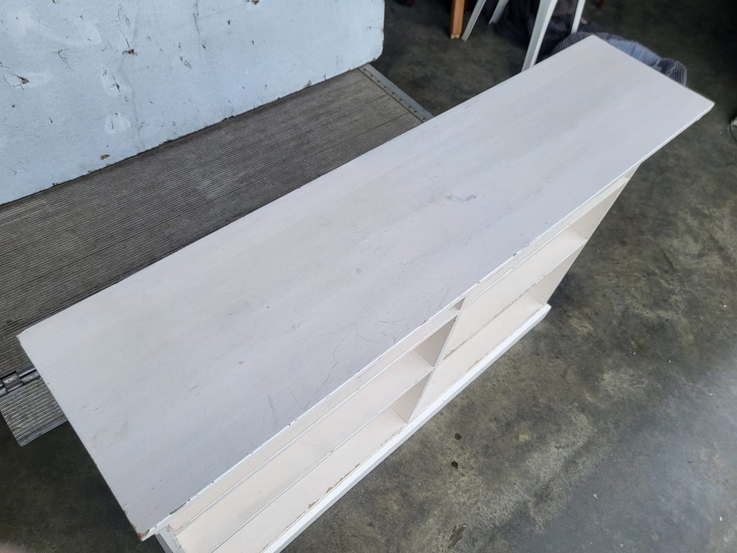 Vintage large low painted white open bookcase six shelves