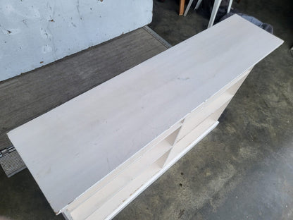 Vintage large low painted white open bookcase six shelves