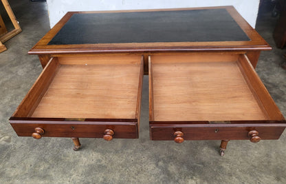 Antique Victorian 2 drawer writing desk table turned legs castors