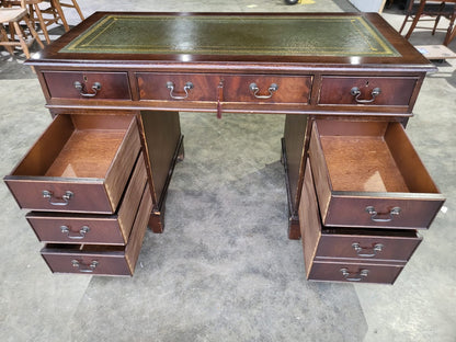 Antique repro small twin pedestal writing desk leather top