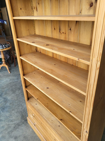 Large pine open bookcase adjustable shelves 2 drawers