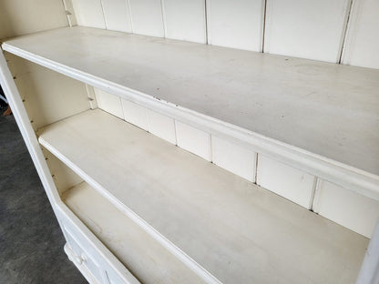 Large white open bookcase adjustable shelves 3 drawers cornice