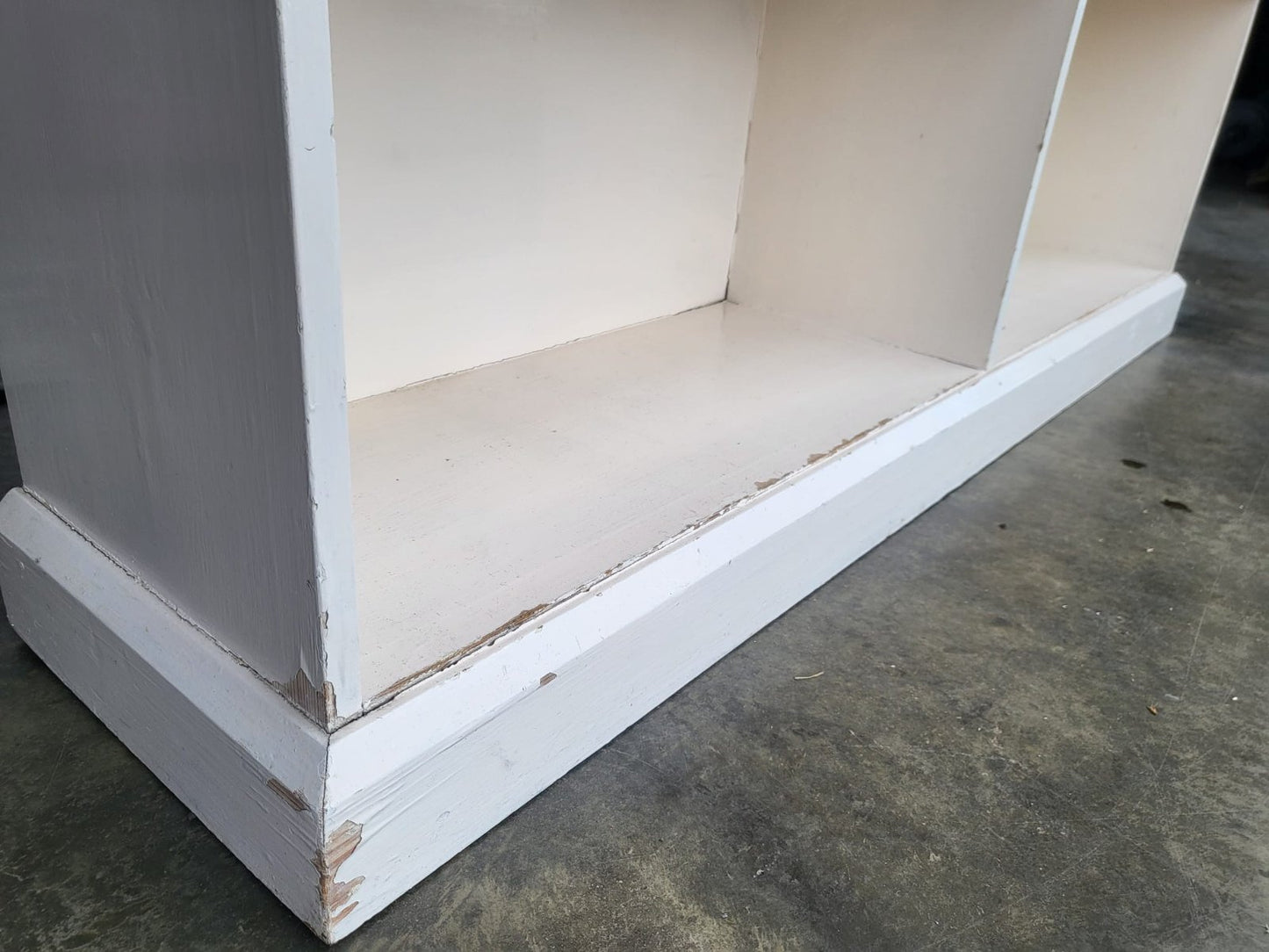 Vintage large low painted white open bookcase six shelves