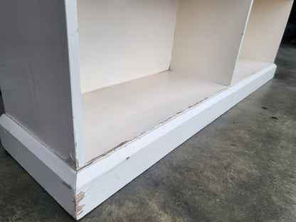 Vintage large low painted white open bookcase six shelves