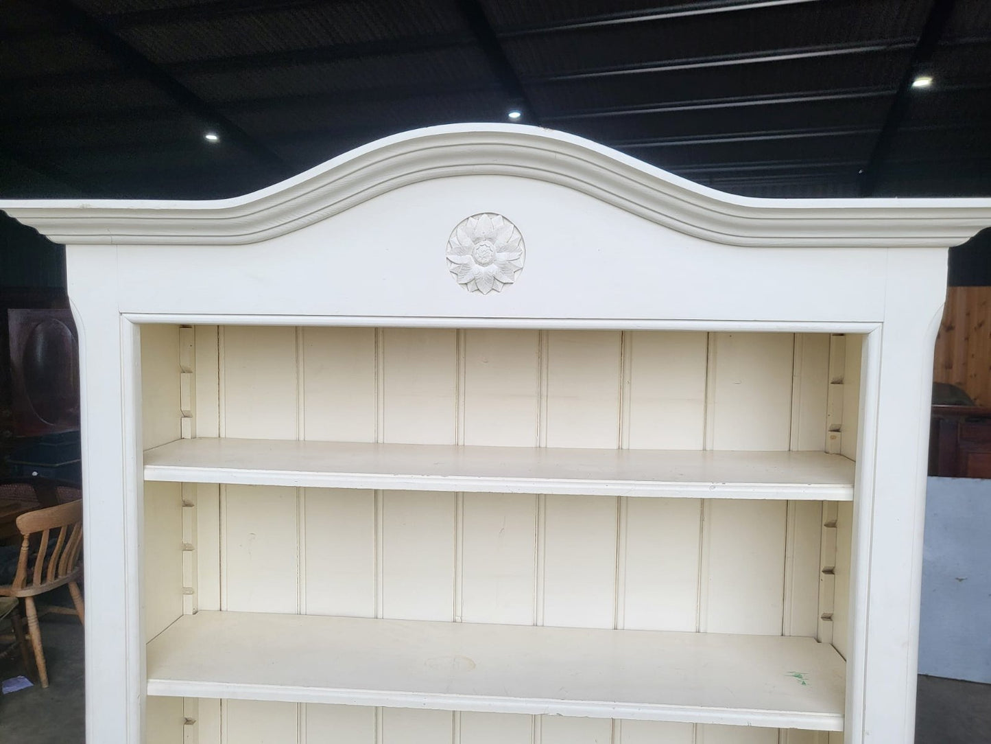 Large white open bookcase adjustable shelves 3 drawers cornice