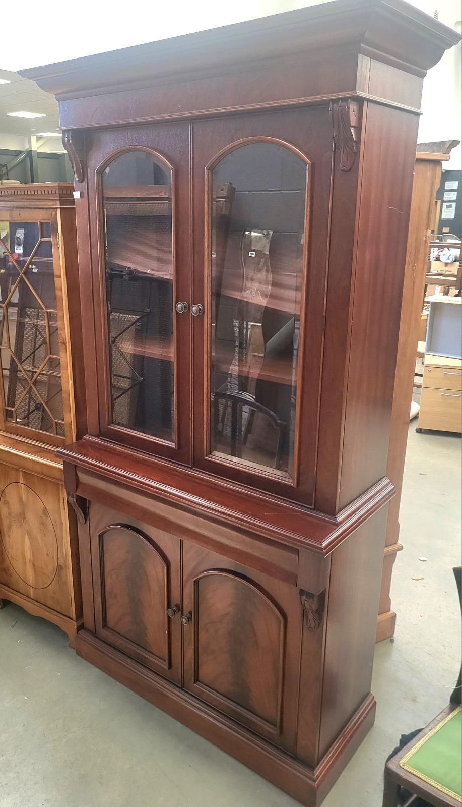 Antique repro mahogany glazed bookcase cabinet drawer shelves