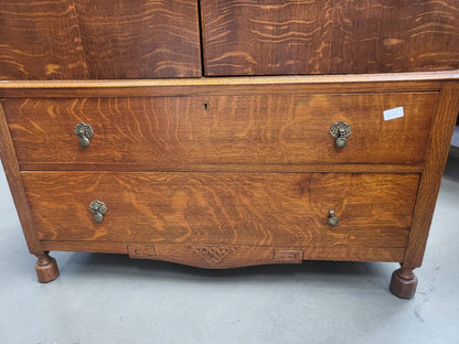 Vintage 1930's oak small wardrobe two drawers bun feet mirror