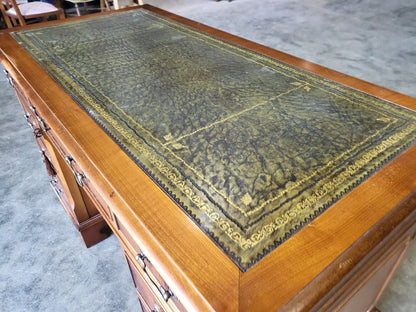 Antique repro Yew small twin pedestal desk leather top