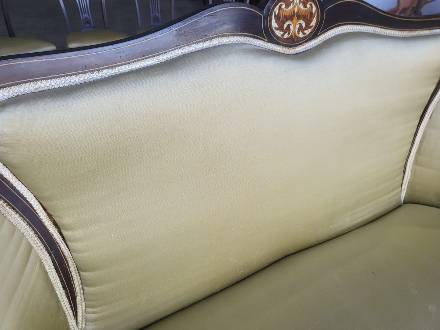 Antique Edwardian small silk parlour sofa cabriole legs castors