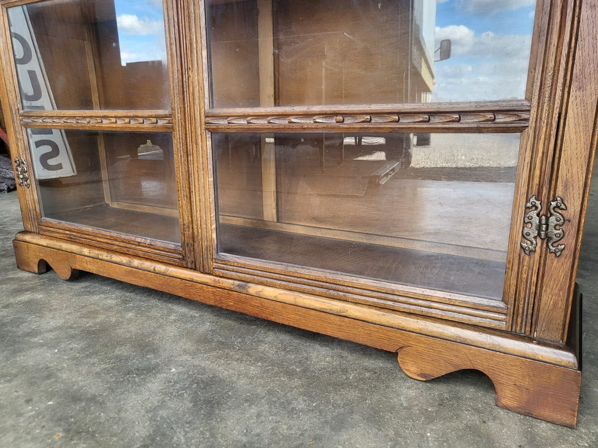 Vintage oak carved 2 door glazed low bookcase cabinet