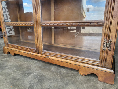 Vintage oak carved 2 door glazed low bookcase cabinet