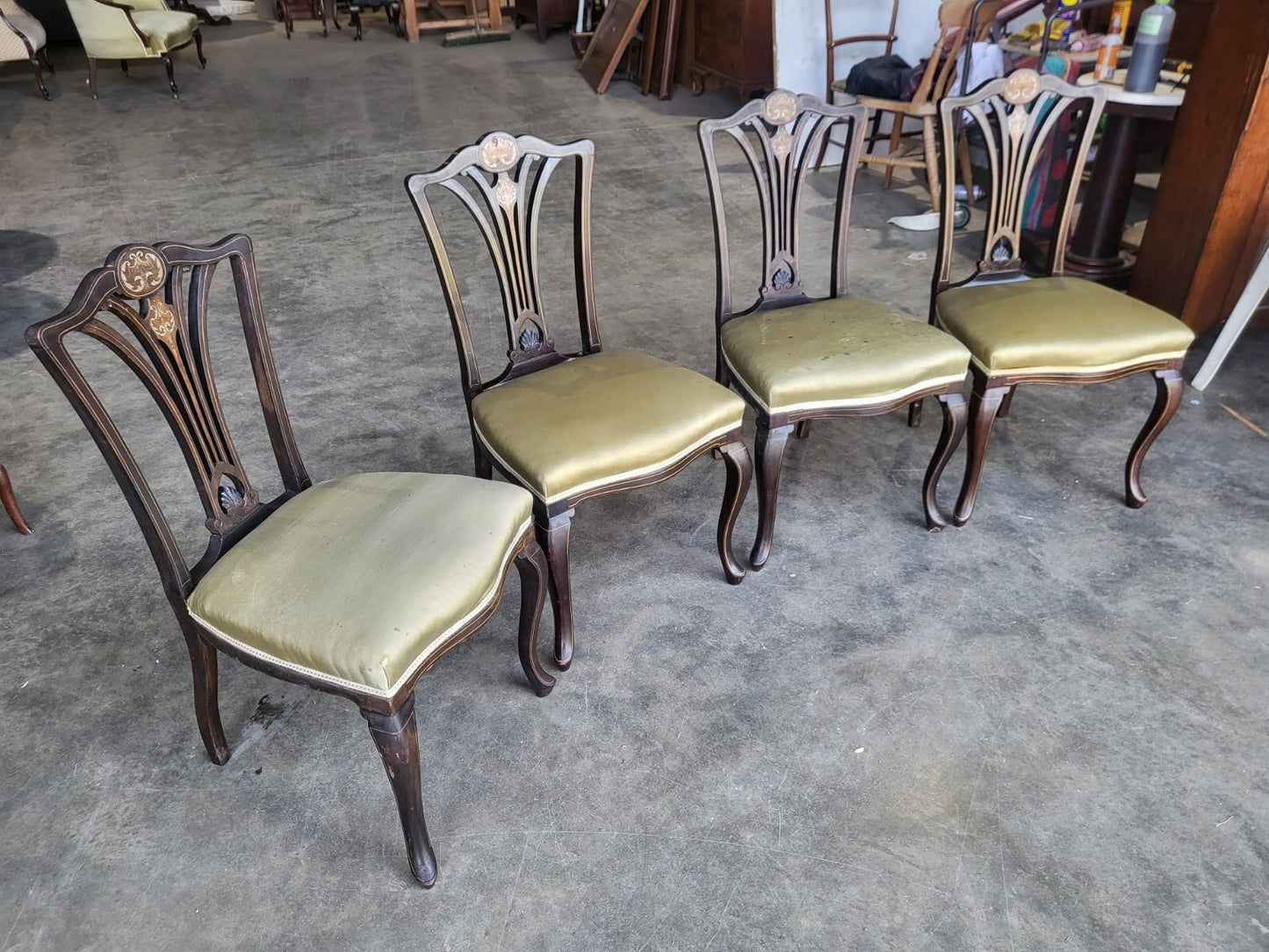 Four Antique Edwardian silk inlaid dining chairs cabriole legs sprung