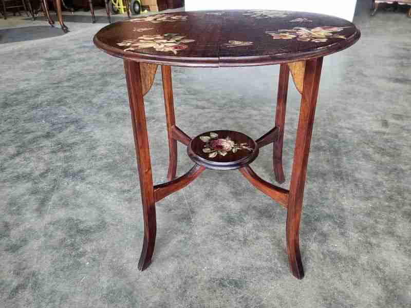 Vintage 20thC round oak 2 tier floral side end occasional table