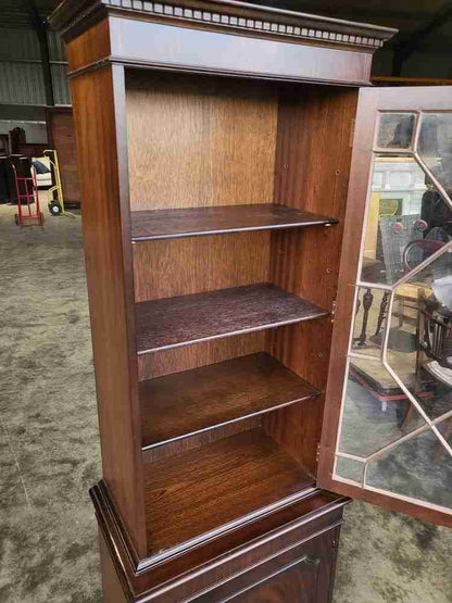 Antique mahogany repro tall slim glazed bookcase cabinet shelves
