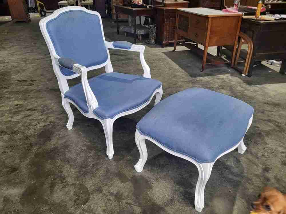 Antique repro French painted arm chair cabriole legs blue fabric  footstool
