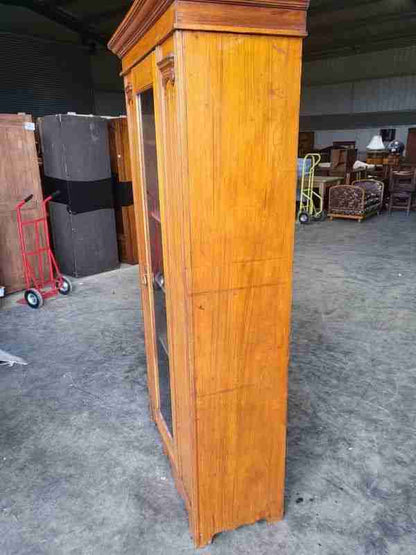 Antique Edwardian tall slim walnut glazed linen press cupboard bookcase