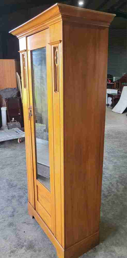 Antique art nouveau walnut single wardrobe mirrored door