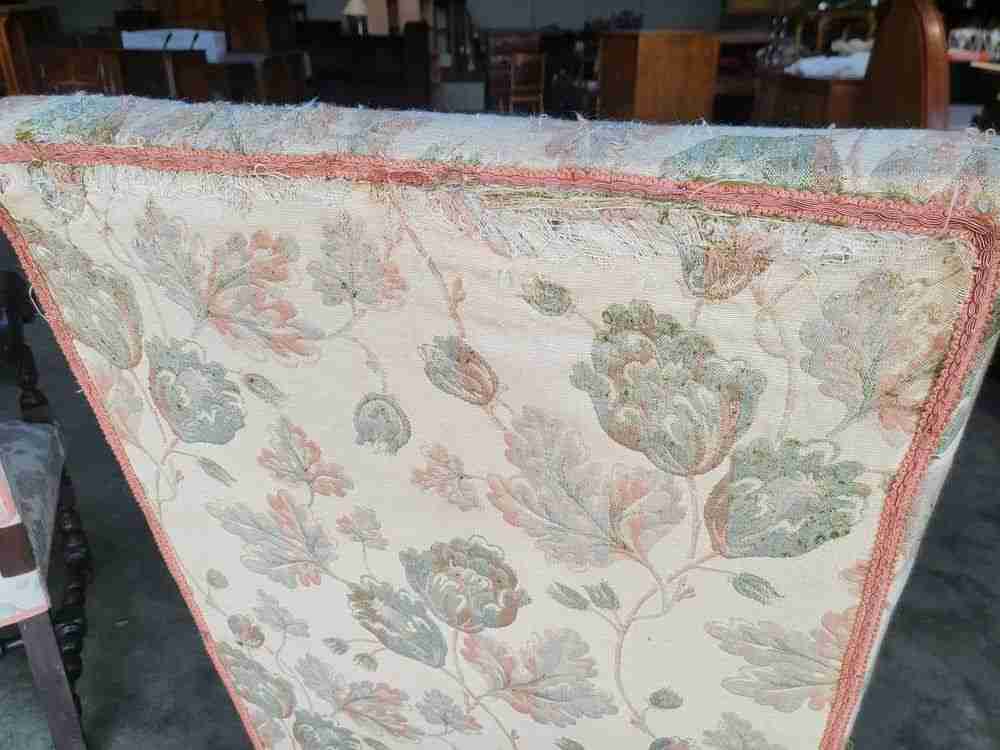 Pair two antique large upholstered open armchairs scrolled arms sprung