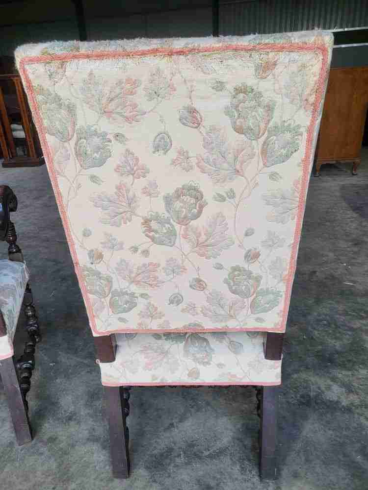 Pair two antique large upholstered open armchairs scrolled arms sprung