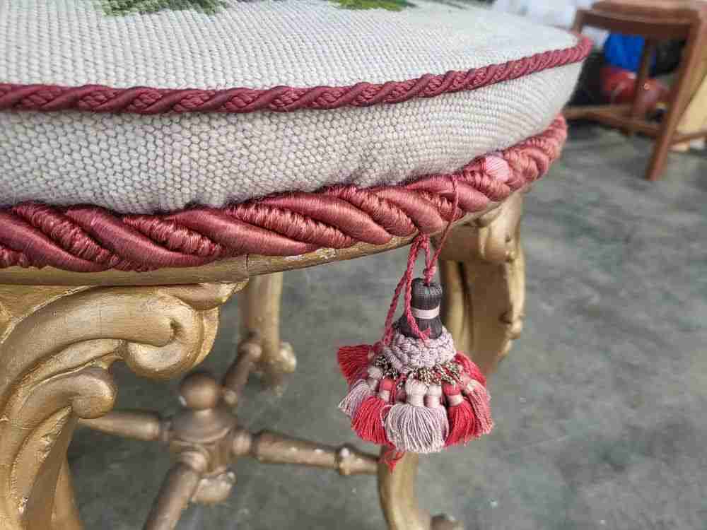 Antique Victorian round gilt cabriole legs tapestry stool seat