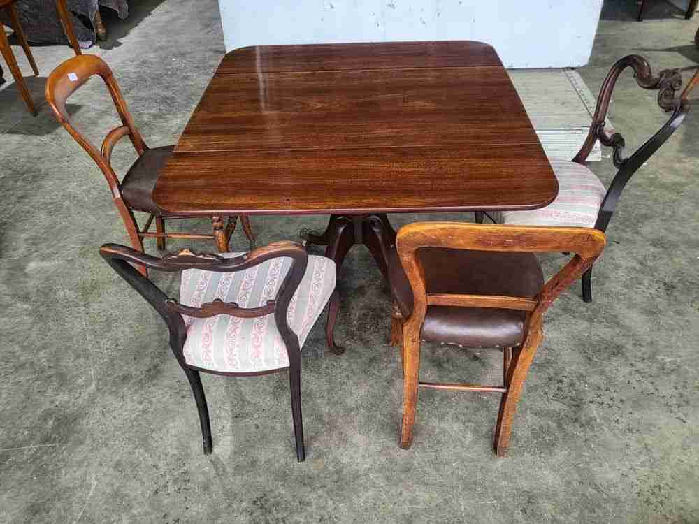 Antique Victorian pedestal drop leaf quad base table seat 6