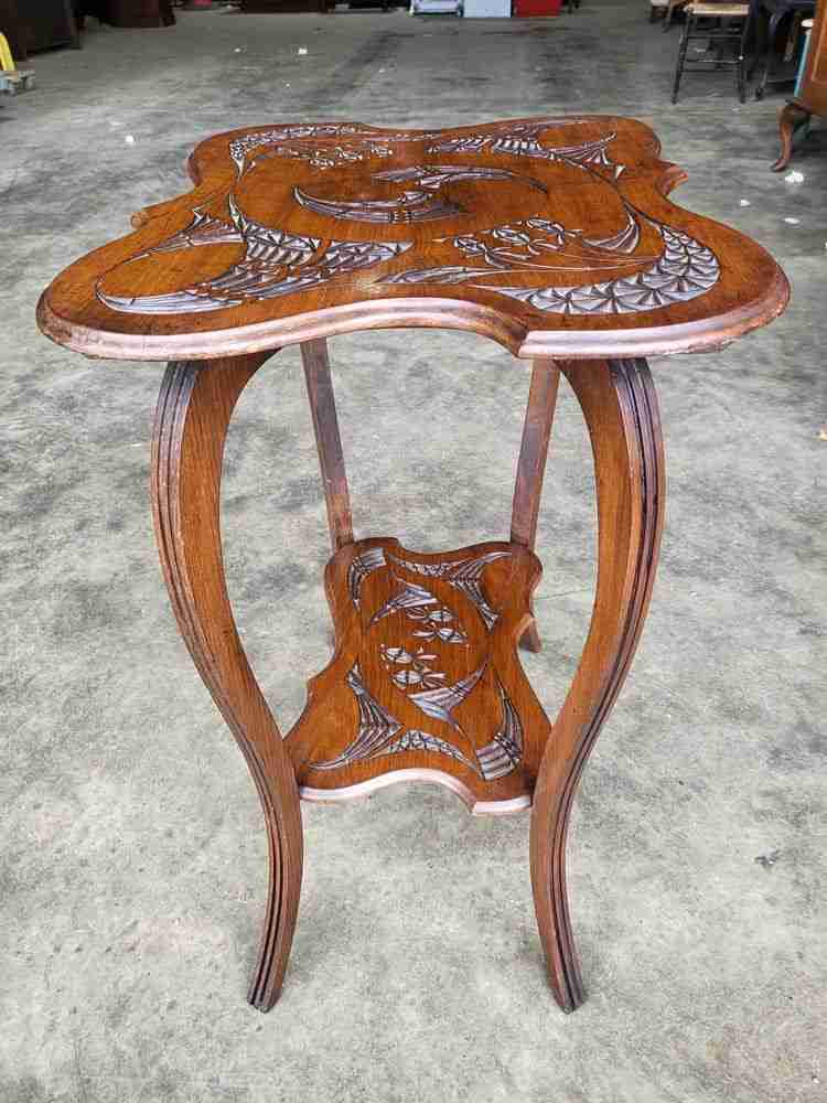 Antique Edwardian serpentine  carved 2 tier  side end lamp table cabriole legs