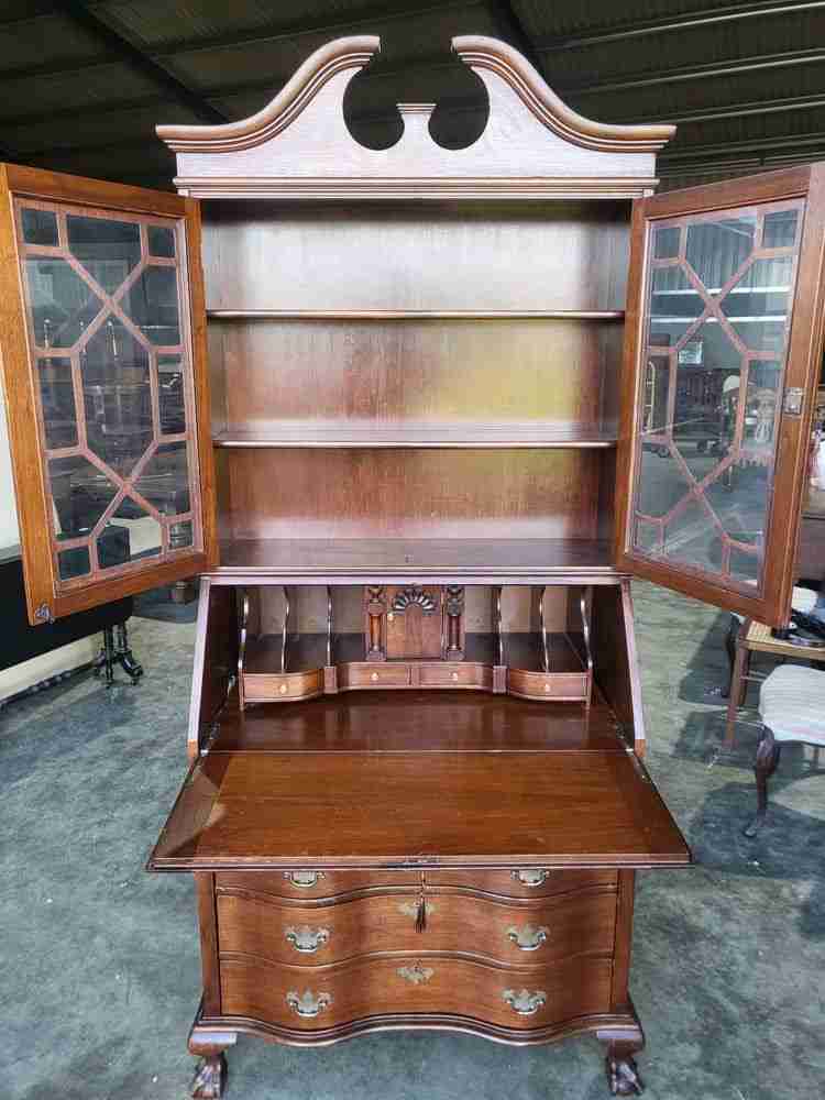 Antique repro serpentine glazed bookcase bureau desk drawers