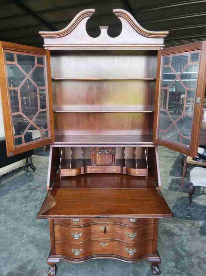 Antique repro serpentine glazed bookcase bureau desk drawers